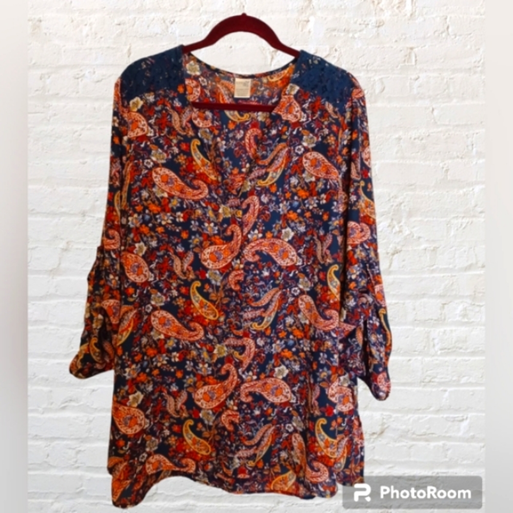 Terra & Sky Blouse 1X V Neck Paisley Button Down Casual Office